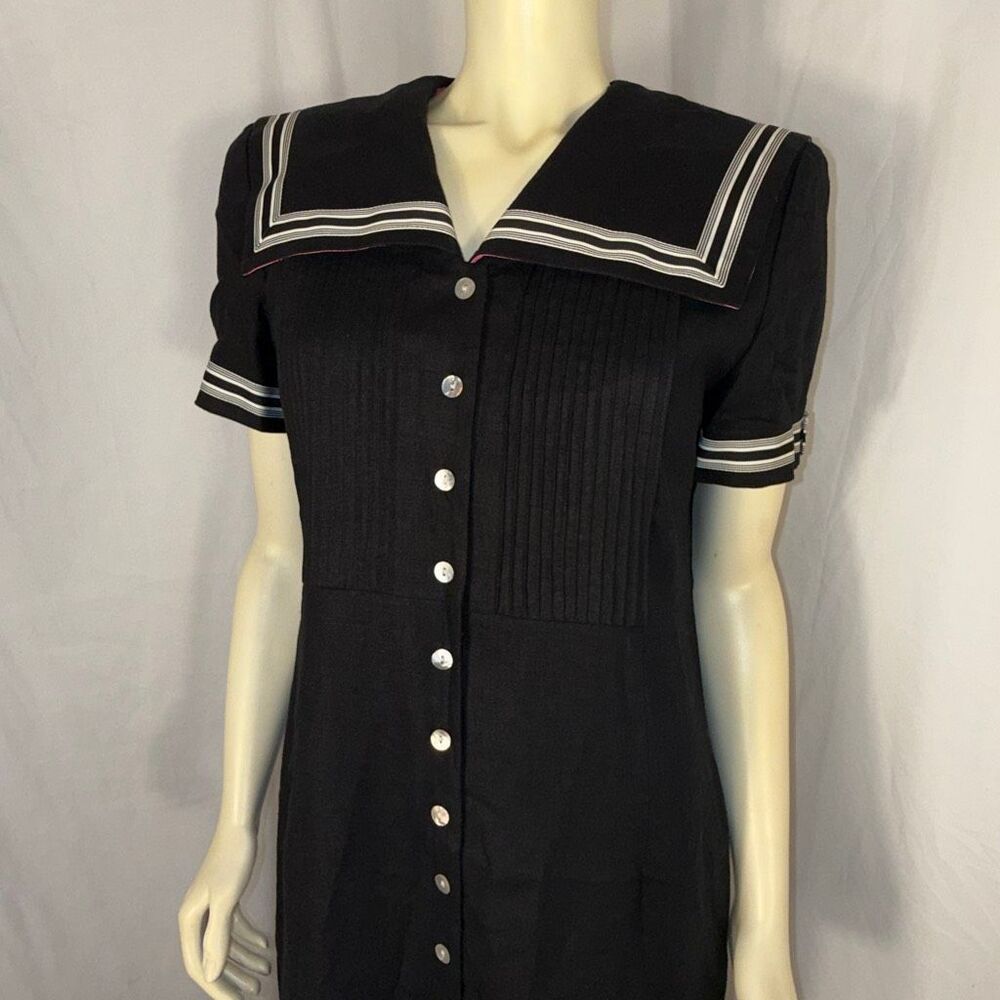 Vintage 90s Jessica Howard Petite Black Linen Blend Sailor Midi Dress Nautical P - Picture 2 of 16